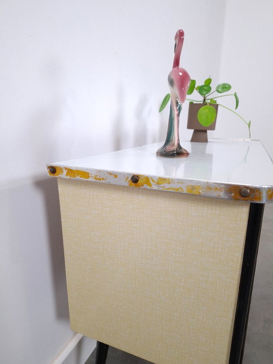 Image 1 of 1950s light blue-yellow cabinet with Formica and slanted legs