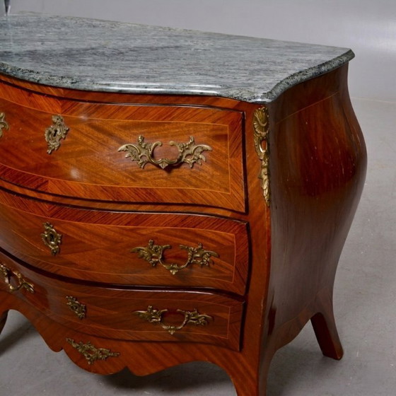 Image 1 of Vintage Louis XV style bombé commode in marquetry - stone top - 3 drawers