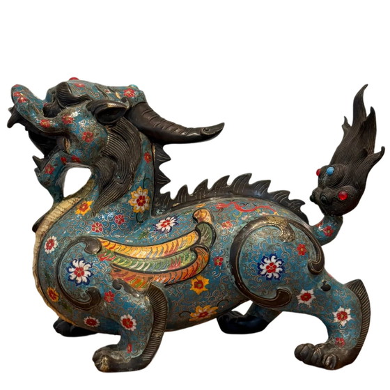 Coppia Monumentale di Pixiu Cinesi Antichi – Bronzo & Cloisonné – Tardo Qing – Sculture, Bronze (photo 3 of 10)