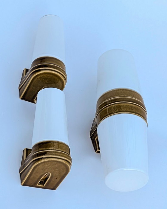 Image 1 of Mid-Century Matching Set of 3 Ochre Porcelain Wall Sconces (Models 6065 & 6080) by Sigvard Bernadotte for Ifö – 1960s