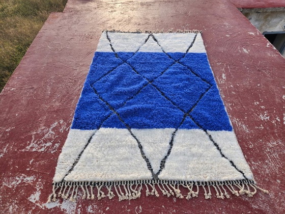 Image 1 of Blue Beni Ourain Rug 250x150 cm – Handmade Moroccan Wool Rug – Berber Diamond Carpet – Modern Boho Area Rug