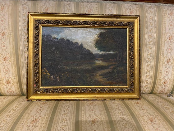 Image 1 of Antique oil painting on panel, landscape, 19th century