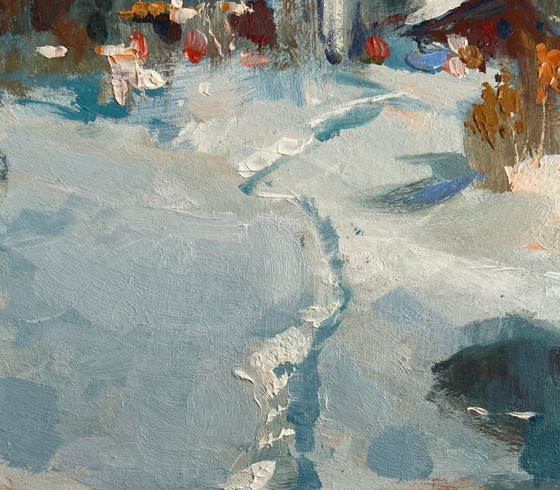 Image 1 of Origineel olieverfschilderij: Sneeuwdorplandschap. De eerste sneeuw viel.