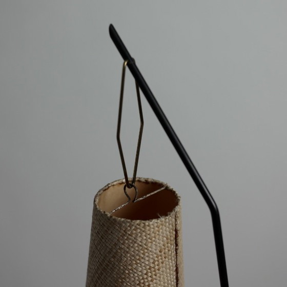 Rare Lampadaire Kaiser Leuchten avec abat-jour en fibre tressée, Allemagne, années 1950 – Wicker, Brass (photo 8 of 16)