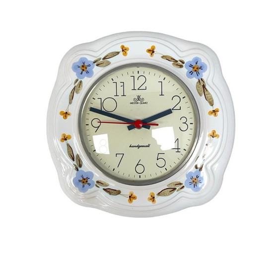 Image 1 of Reloj de pared de cerámica Meister-Quarz - Pintado a mano, motivos florales, Alemania, años 70/80