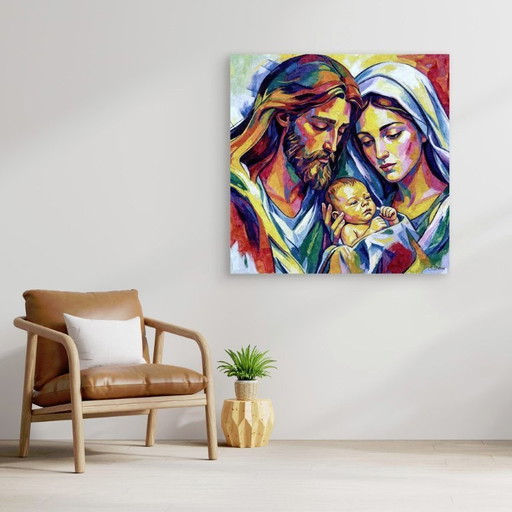 Jesús, María y José / Pintura al óleo impresionista de gran formato (80x80 cm)