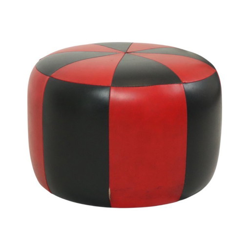 Runder Vintage Pouf in Rot und Schwarz