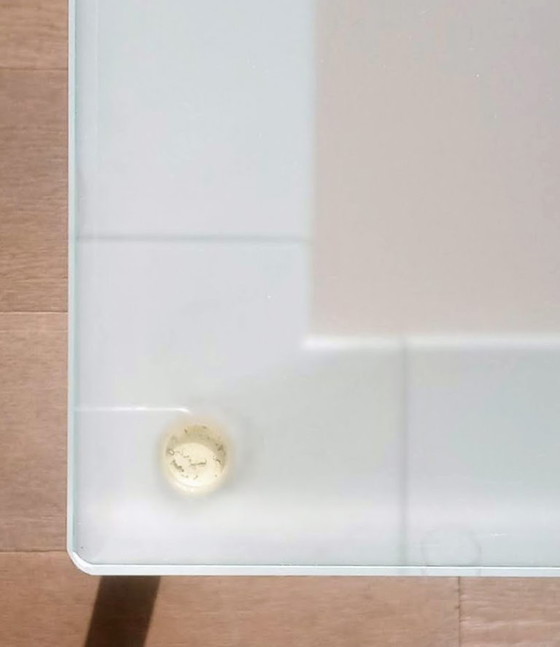 Image 1 of Designer table with white base, frosted glass tabletop; 180x99.50x74cm, detachable