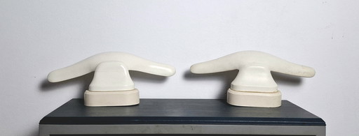 Pair of white turned wood wall lamps. 1970s. Space Age.