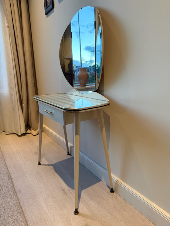 Vintage Dressing Table / Make-Up Table with Round Tri-Fold Mirror, Wood, Beige (photo 5 of 5)