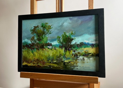 Original Oil Painting Gray Coastal Landscape On the outskirts of the village