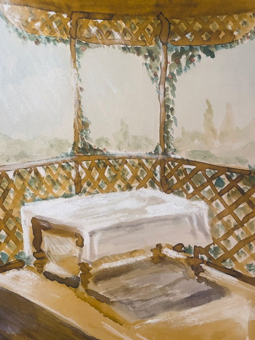 Watercolor painting signed "Provençal table under the arbor"