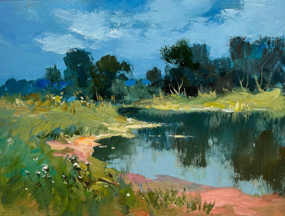 Image 1 of Original Oil Painting Summer River Landscape Reflection of green forest