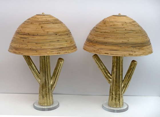 Image 1 of Coppia di lampade Hollywood Regency in rattan e ottone con cactus, Italia, anni '90