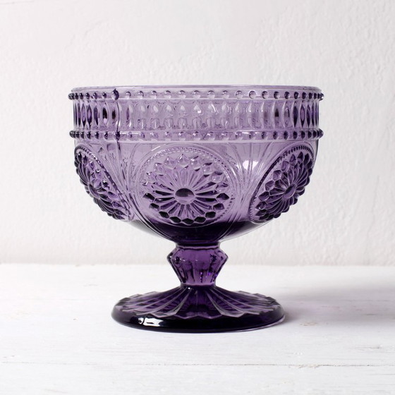 Image 1 of Ciotola con piedistallo in vetro pressato color ametista viola Godinger – Vintage USA anni 2000