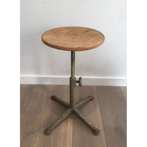 Image 1 of Vintage Industrial Stool in Steel and Wood, Height Adjustable, 1900s