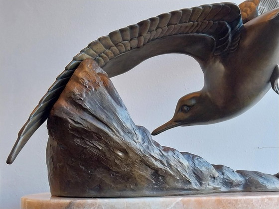 Large Art Deco Sculpture Rochard Seagull Zamak on Marble, polished steel, Brown (photo 11 of 13)
