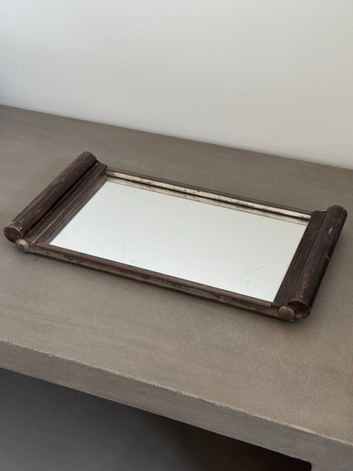 Vassoio specchiato, legno e metallo brutalista, non firmato