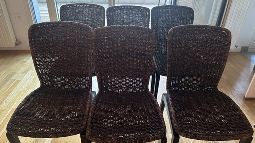 6 Sedie in Legno e Rattan Marrone Modello Libra Ligne Roset – eetkamerstoelen, Wicker