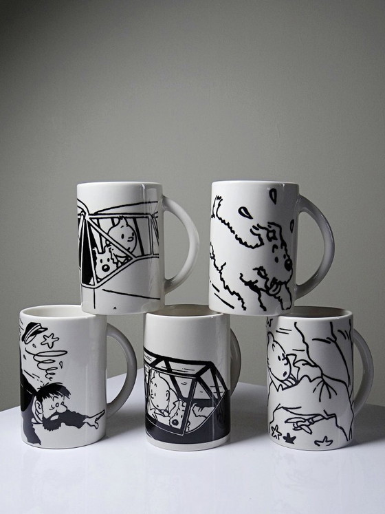 Image 1 of Set of 5 contemporary black and white Tintin porcelain or earthenware mugs/cups