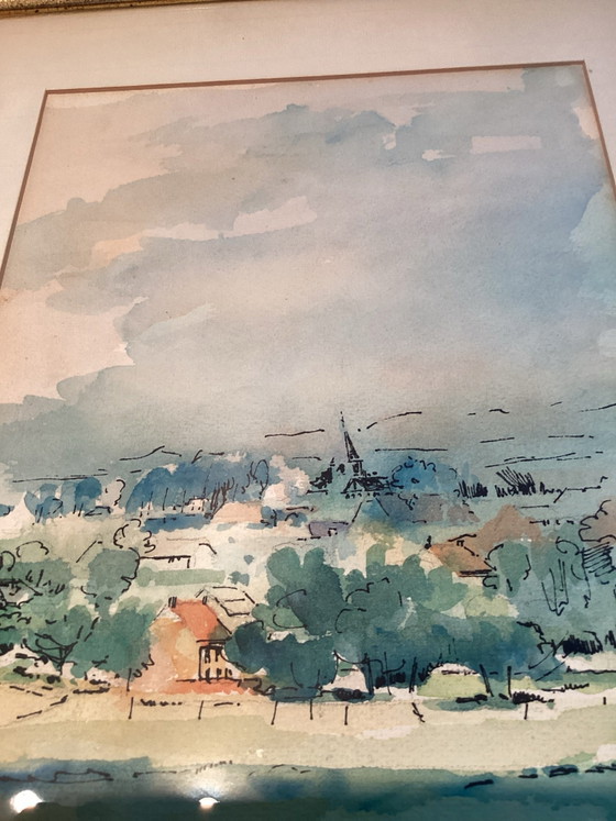 Beautiful Original Watercolor “Rosmeer” - Signed Swinnen., Art, Glass, Paper, Blue (photo 2 of 5)