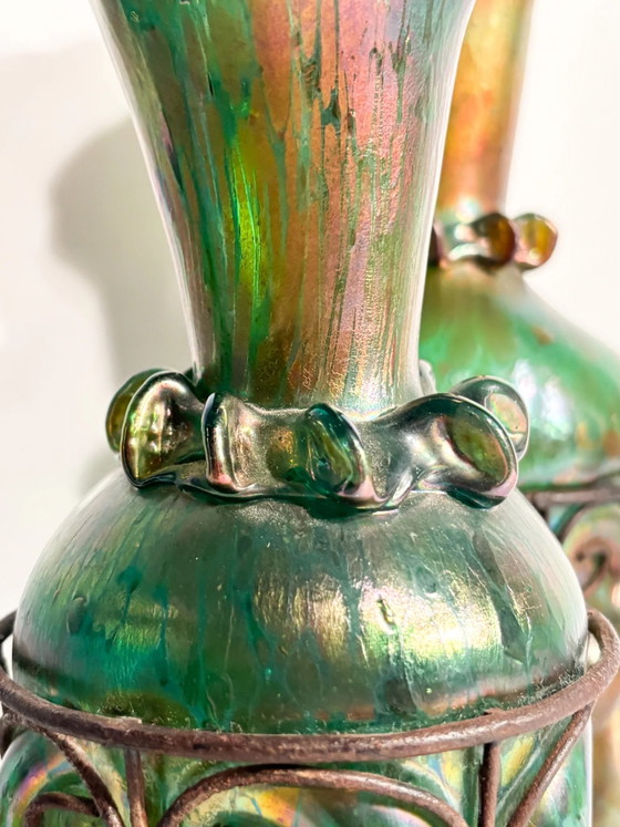 Pair of 1920s Loetz Glass and Wrought Iron Vases – Art Nouveau (photo 17 of 21)