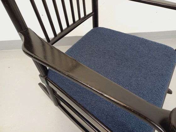 Image 1 of Fauteuil rocking-chair suédois de Karl Axel Adolfsson pour Gemla vintage en bois noir et tissu bouclette des années 50 60