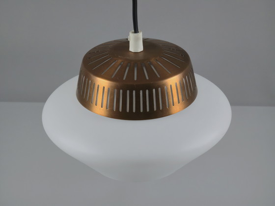 Image 1 of Rare 1950s Vintage Opal Arch Pendant Light By Svend Aage Holm‑Sørensen — Danish Mid-Century Modern Pendant Lamp.