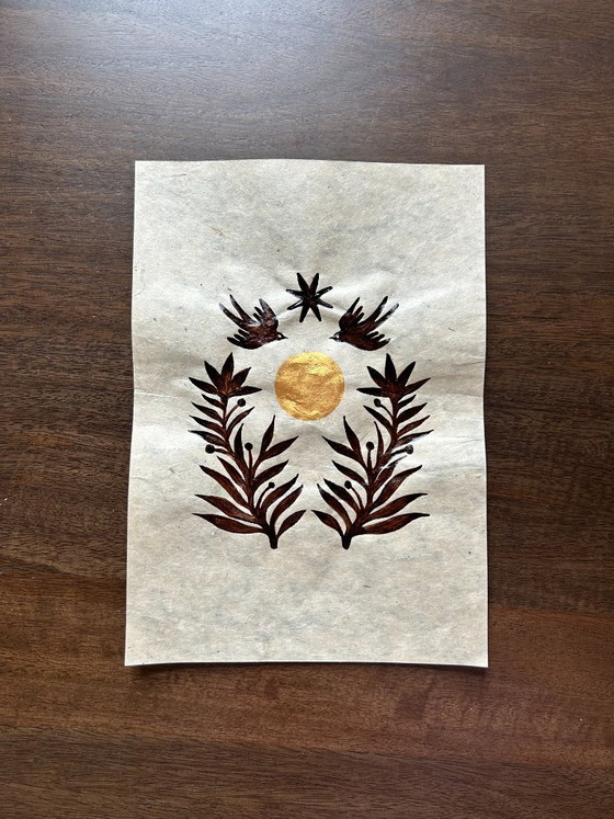 Image 1 of Handmade Boho Wall Art | Birds & Golden Sun | Botanical Illustration A4