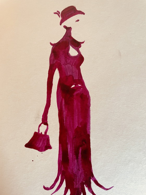 Image 1 of Tableau Signé Encre Gravure Mode Portrait Féminin " Paarse jurk " (gesigneerd)