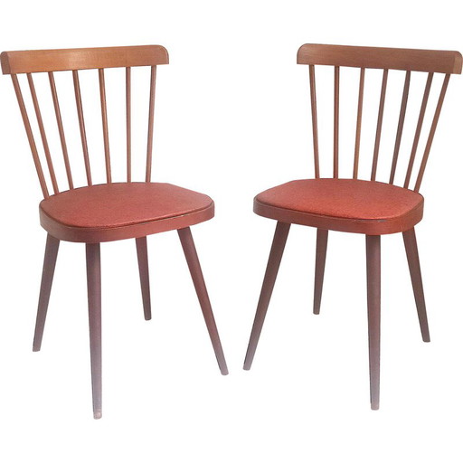 Pair of vintage model 740 chairs in beech and red leatherette for Baumann, 1950