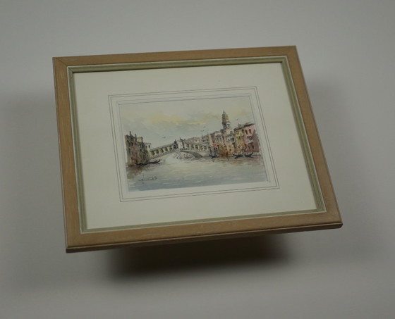 Image 1 of The Rialto Bridge, Venice - Signed and dated watercolor drawing, 1990, framed