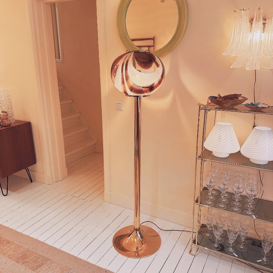 Image 1 of Italian Murano amber swirl glass globe floor lamp on brass base