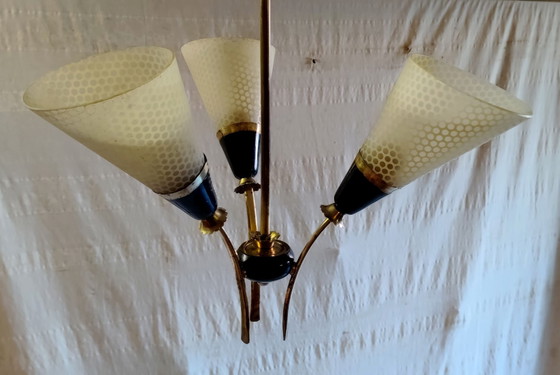 Lampadario a 3 luci in ottone e vetro - anni '50, Dorato (foto 8 di 10)