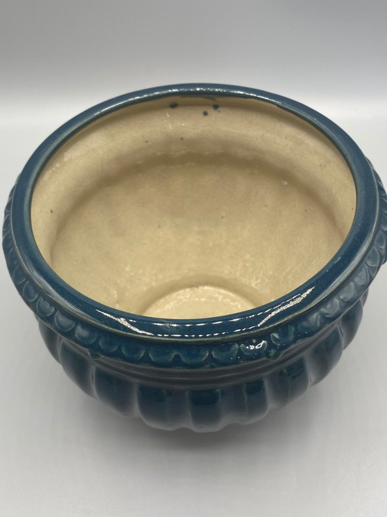 Teal Ceramic Planter – Ribbed and Embossed Meander Design – Crockery (photo 2 of 5)