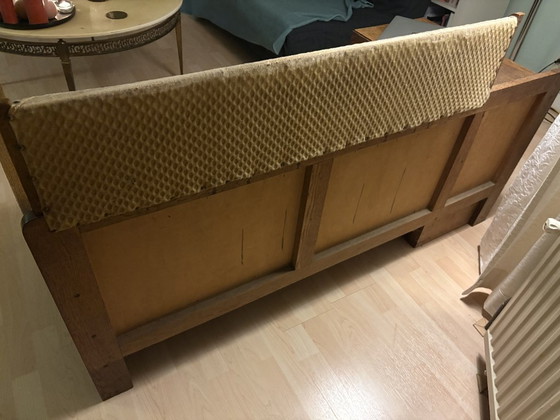 Loveseat with integrated side table and footstool, yellow, Wood, Textile, Vintage (photo 4 of 5)