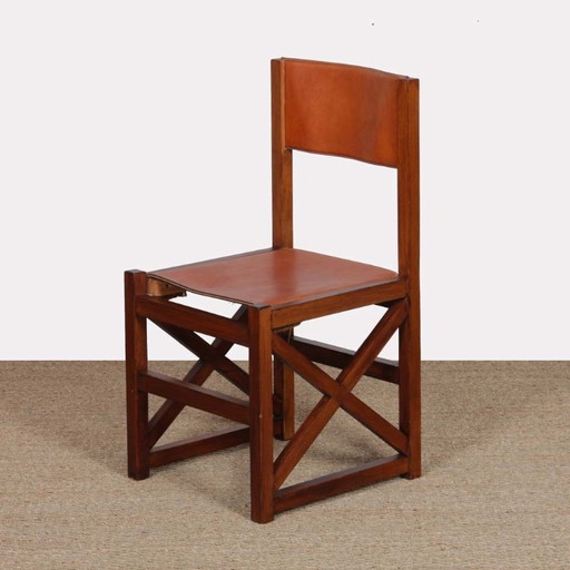 Sedia vintage in legno massello e pelle, 1980