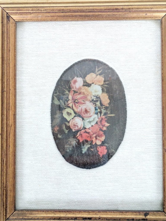 Image 1 of Vintage Floral Bouquet Print with Oval Linen Mat, Gilded Wood Frame, Foiled Shimmer Art