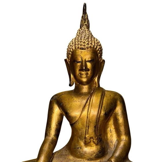 Estatua de Buda Tailandesa Rattanakosin Antigua - Siglo XIX - Bronce Pesado con Dorado Antiguo – Esculturas (photo 10 of 10)
