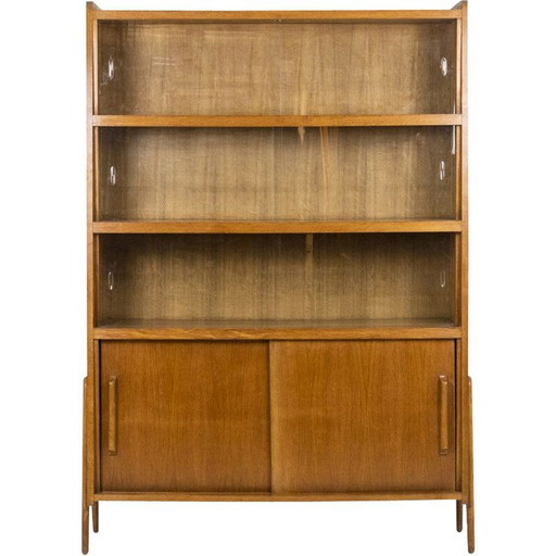 Bibliothèque vintage en chêne avec portes coulissantes en verre, 1960
