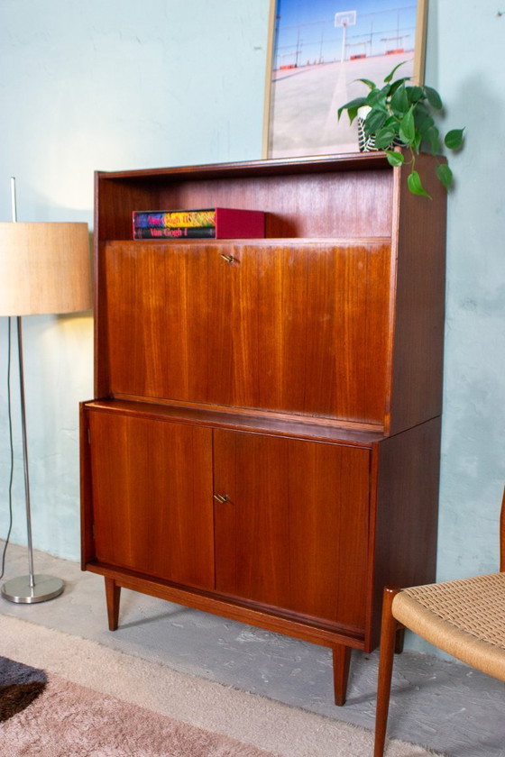 Image 1 of Vintage teakhouten secretaire, hoge kast, dressoir, dressoir, midden 20e eeuw
