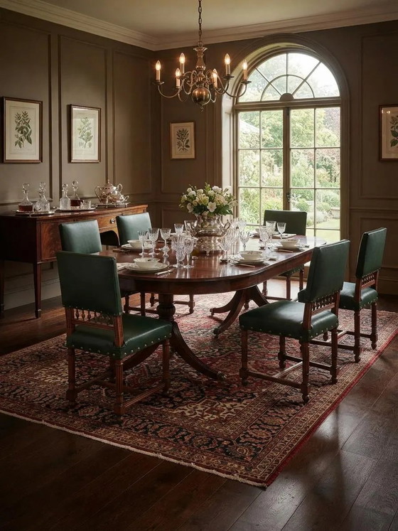 Set of 6 Fully Restored Vintage Dining Chairs in Deep Green with Brass Studs and Spindle Backrest, Wood (photo 5 of 6)