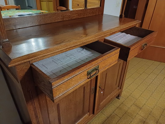 Antiker Eichen-Buffetschrank mit Spiegelaufsatz (Art Deco), Sideboard, Glas, Holz, Braun (Foto 4 von 5)