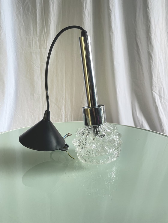 Image 1 of Lampada a sospensione in cromo e vetro stampato, anni '70