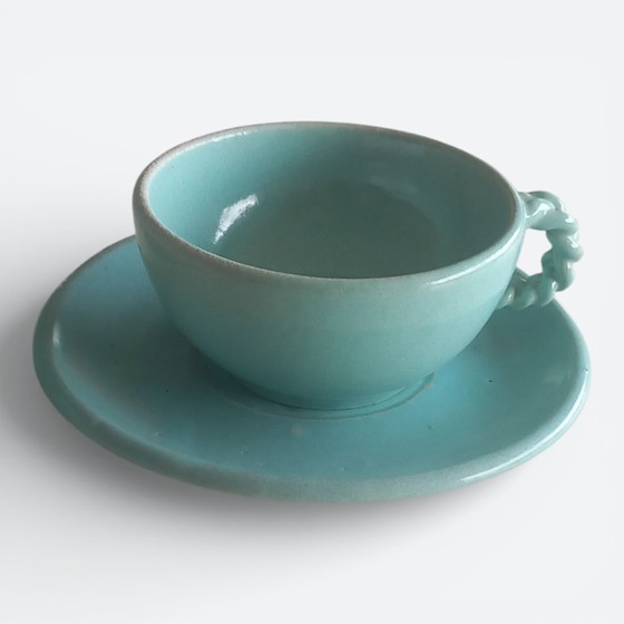 Image 1 of Set van 2 mid-century (1960-1970) handgedraaide steengoed kop-en-schotel sets – studio keramiek 