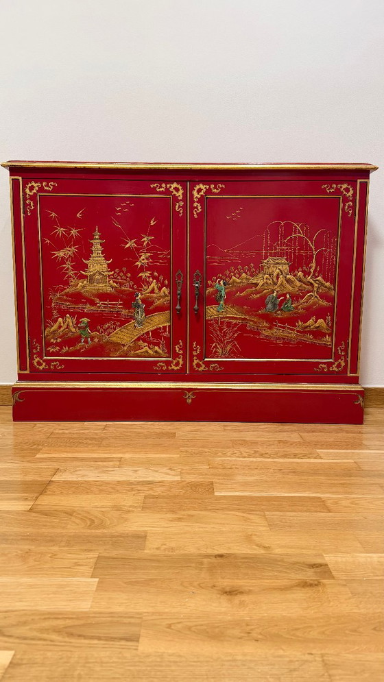 Meuble Console Mince Chinoiserie Vintage, Laqué à la Main (Années 1970), Buffet bas, Bois, Métal, Rouge (photo 10 sur 15)