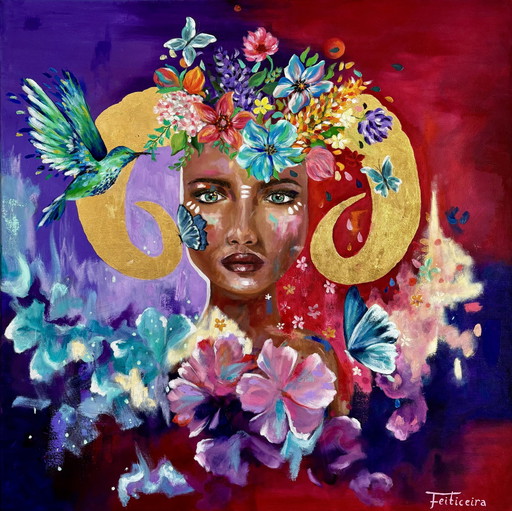 Original mixed media painting on canvas 80x80 – “Feiticeira” (signed) – colorful portrait with flowers & hummingbird