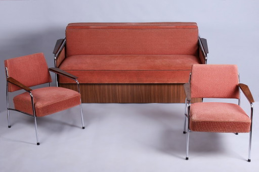 Juego de Asientos Bauhaus Restaurado, Acero Tubular Cromado, Checo, Años 40