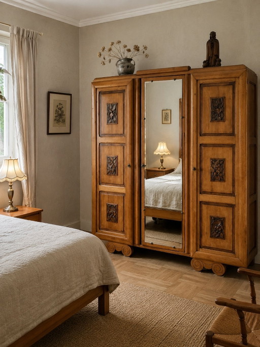 Armoire en bois art déco avec sculpture moulures fleurie 