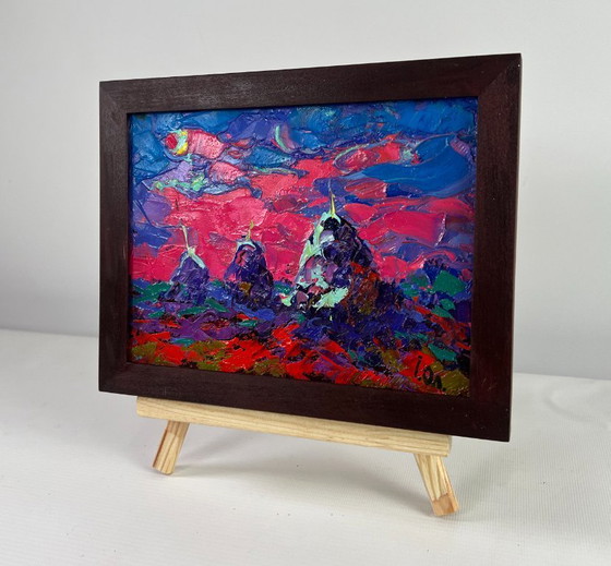 Image 1 of Original Oil Painting: Summer Field Landscape - The Moonlit Night Whispers Silence